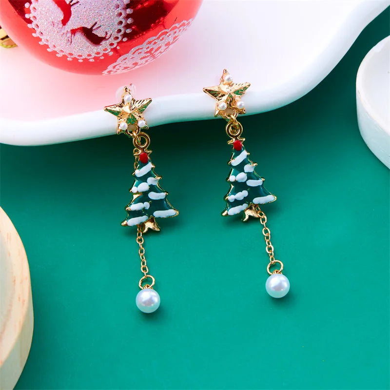 Pendientes de moda con árbol de Navidad de cristal y copo de nieve