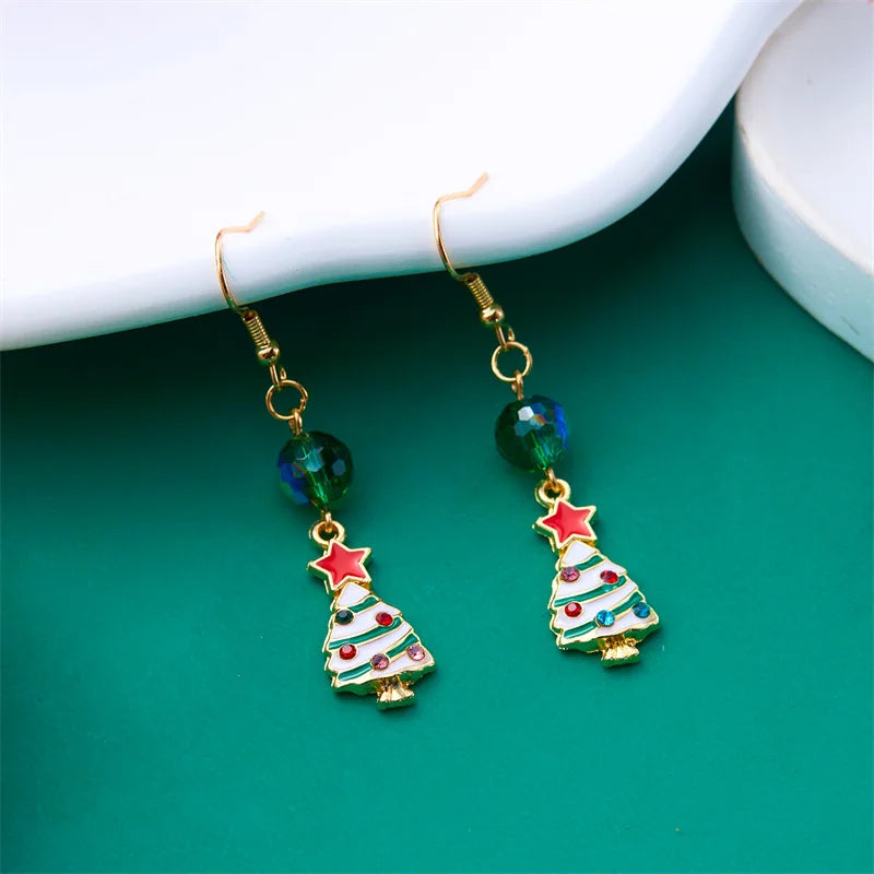 Pendientes de moda con árbol de Navidad de cristal y copo de nieve