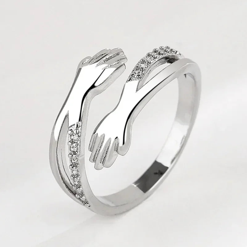 Anillos de abrazo geométricos ajustables de acero inoxidable para mujeres - plata