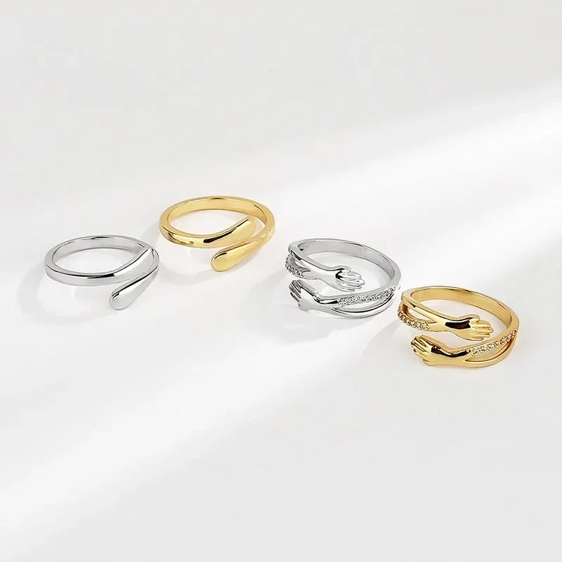 Anillos de abrazo geométricos ajustables de acero inoxidable para mujeres - plata