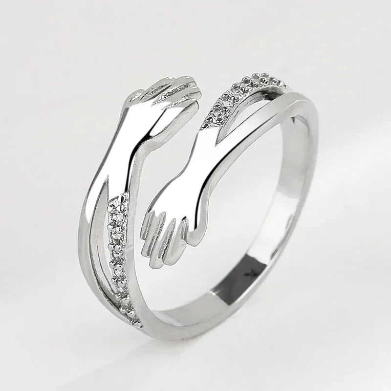 Anillos de abrazo geométricos ajustables de acero inoxidable para mujeres - plata