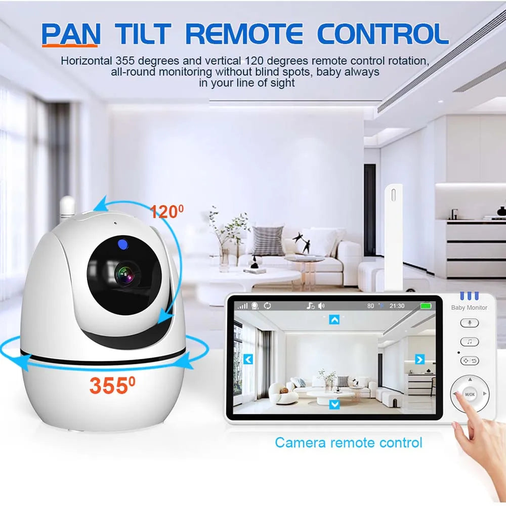 Video Babyfoon met Camera, 5 Inch HD Scherm, Nachtzicht en Temperatuur Sensor