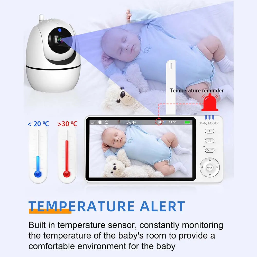 Video Babyfoon met Camera, 5 Inch HD Scherm, Nachtzicht en Temperatuur Sensor