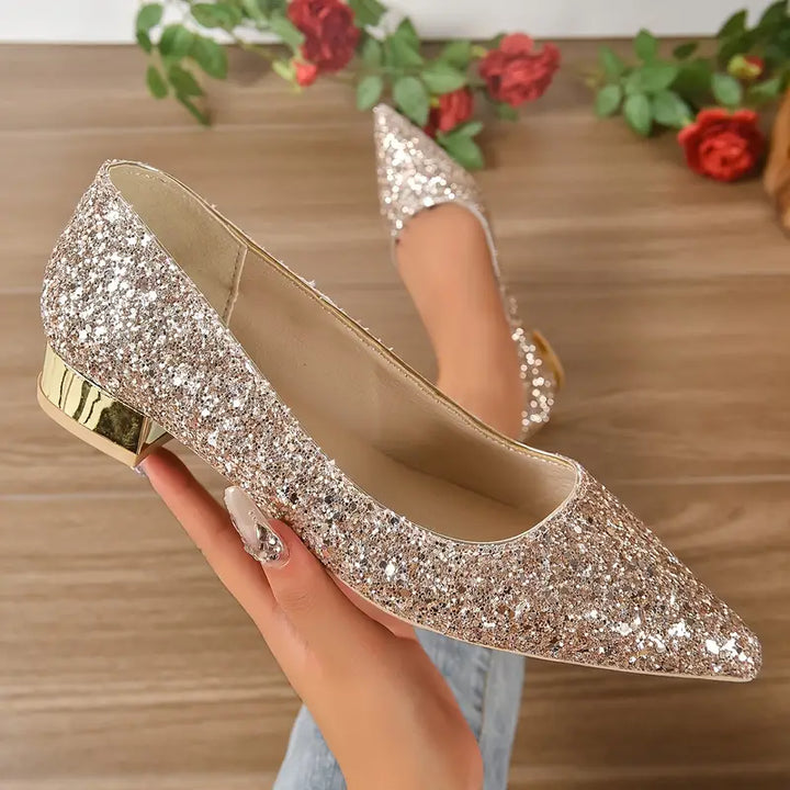Quenna Zapatos | Zapatos de tacón bajo con purpurina brillante para looks festivos