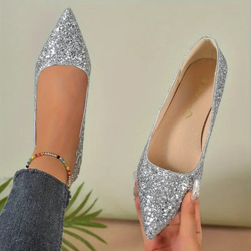 Quenna Zapatos | Zapatos de tacón bajo con purpurina brillante para looks festivos