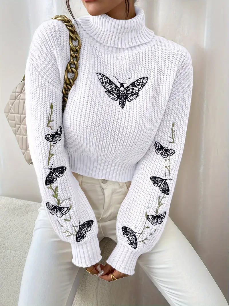 Series Sweater with Butterfly Pattern and High Neck | Elegant Women's Fashion