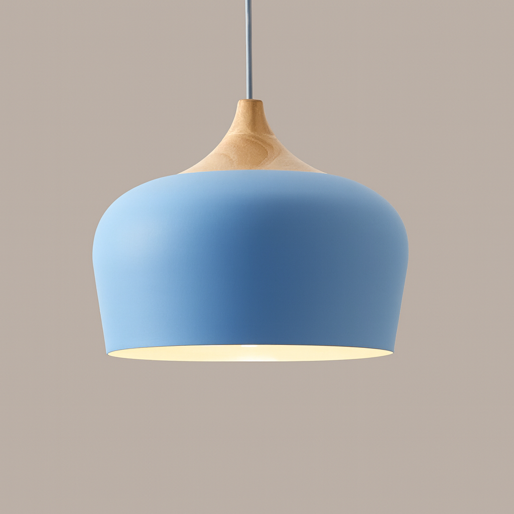 Pastelume – Retro pendant lamp with wood & pastel-colored metal shade