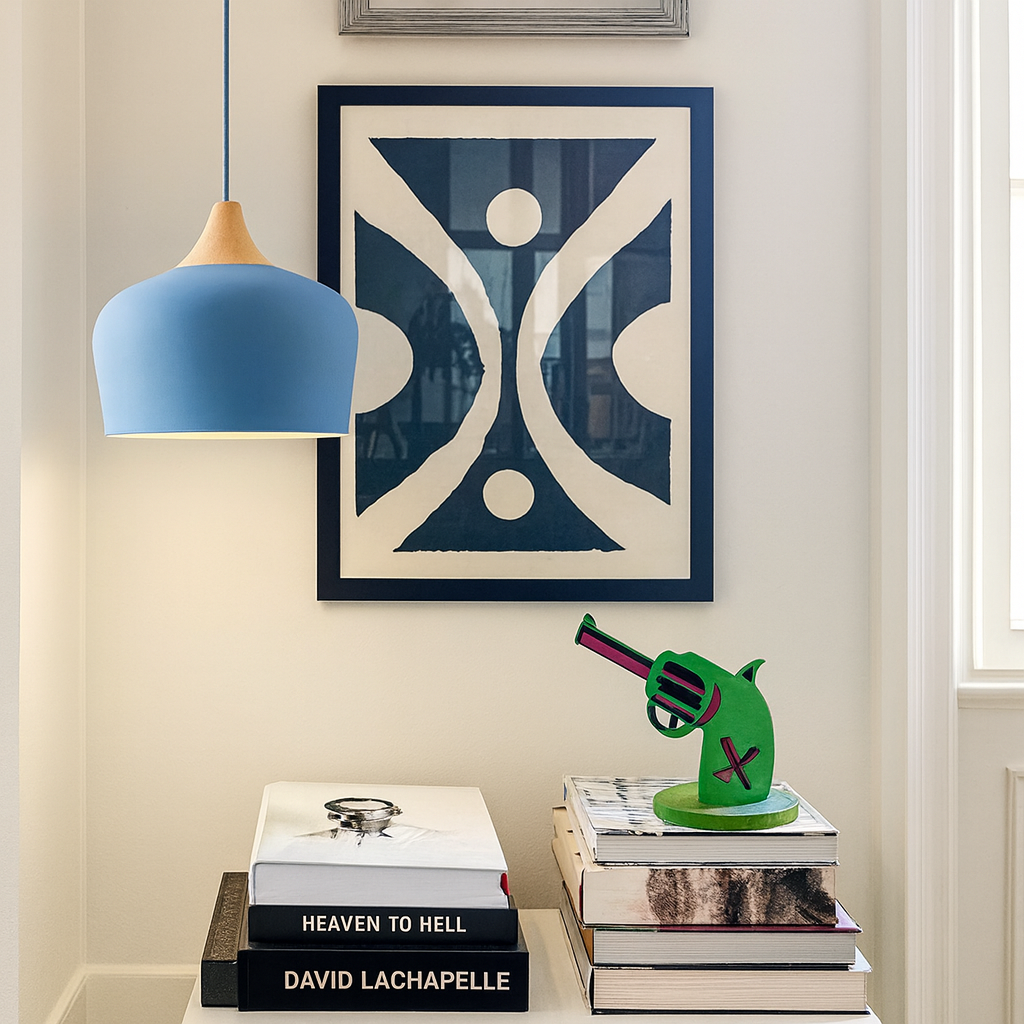 Pastelume – Retro pendant lamp with wood & pastel-colored metal shade