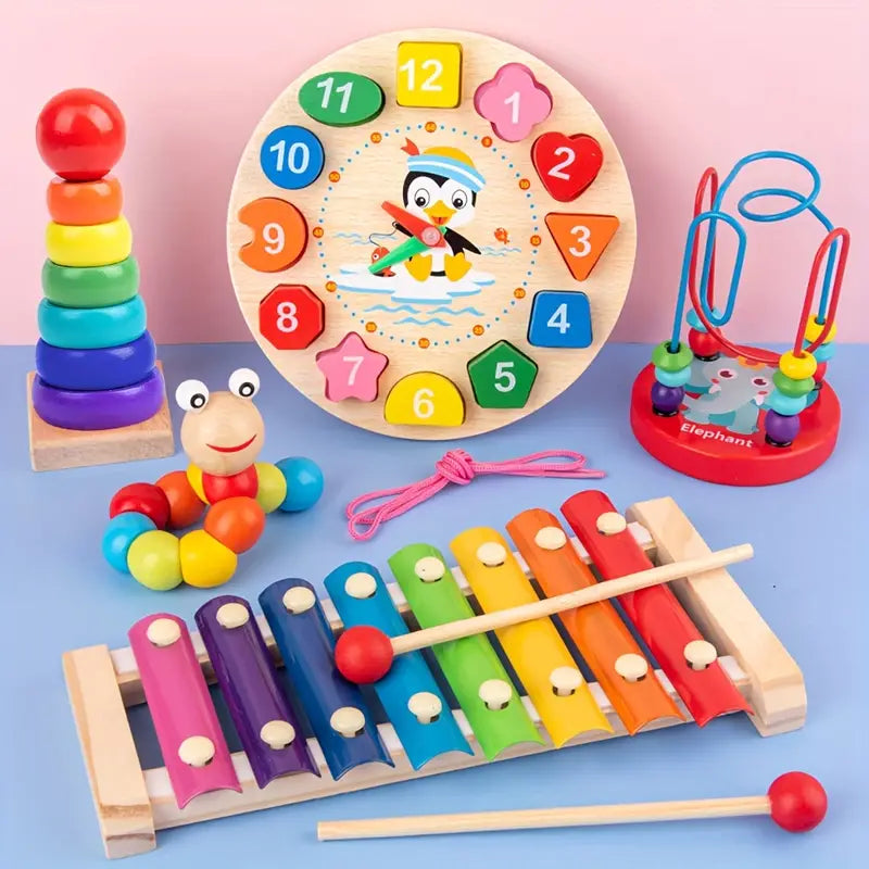 Eduquest Montessori 5-in-1 Houten Speelset – Motoriek & Muziek vanaf 6M+