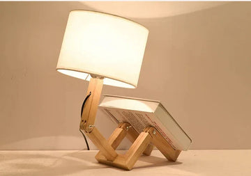 RutanFlex Adjustable Wooden Robot Table Lamp with Bookshelf