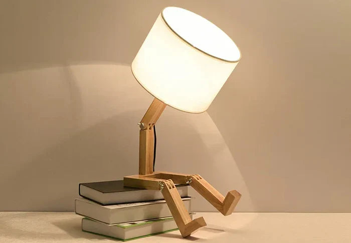 RutanFlex Adjustable Wooden Robot Table Lamp with Bookshelf