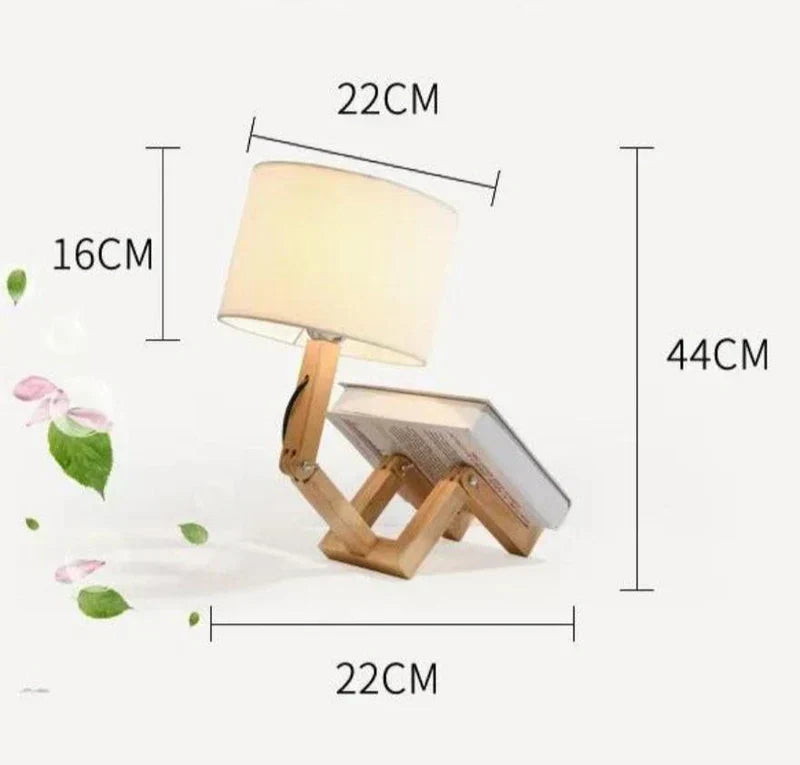 RutanFlex Adjustable Wooden Robot Table Lamp with Bookshelf