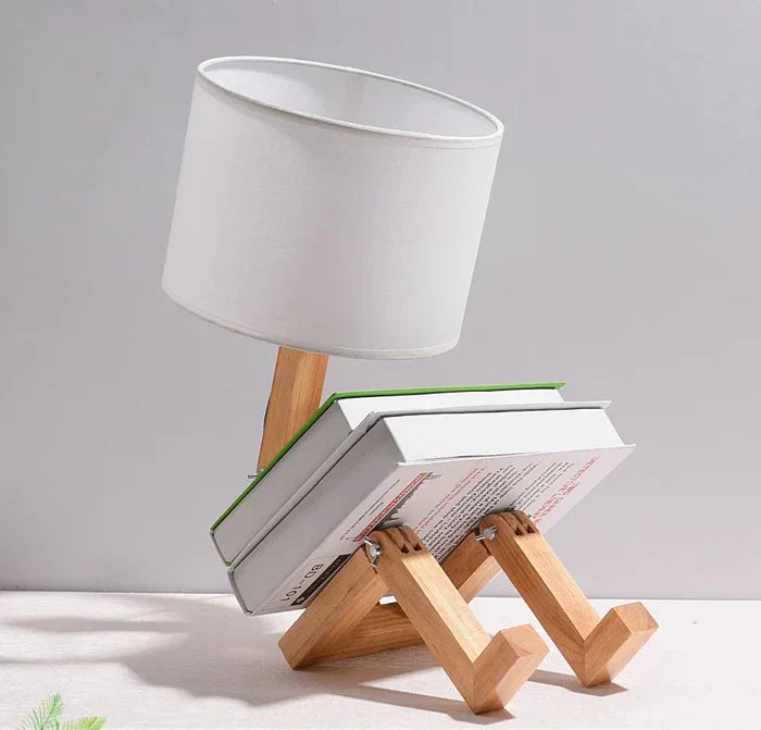 RutanFlex Adjustable Wooden Robot Table Lamp with Bookshelf