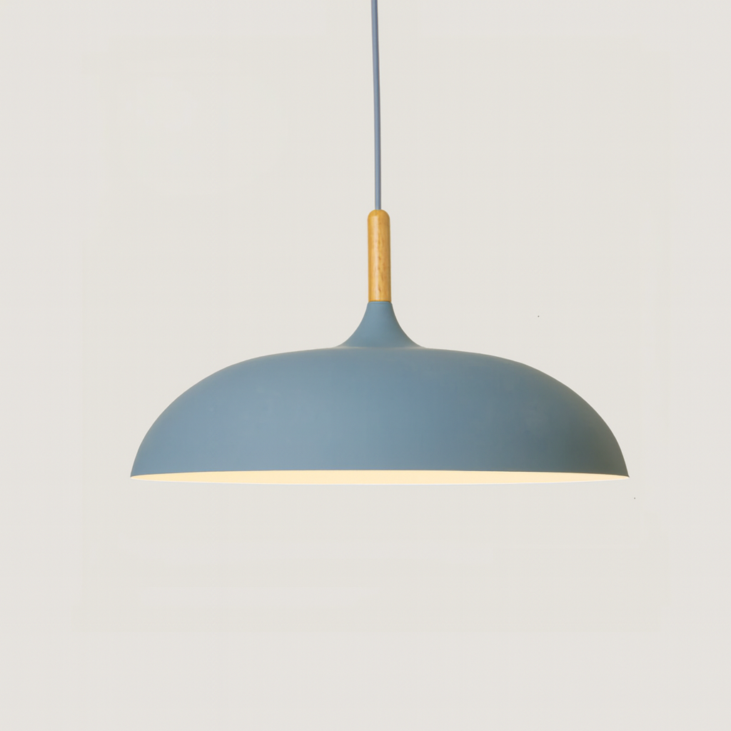 Pastelume – Retro pendant lamp with wood & pastel-colored metal shade