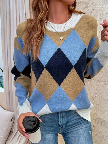 Nancy | Checkered Pattern Crew Neck Sweater for Timeless Elegance