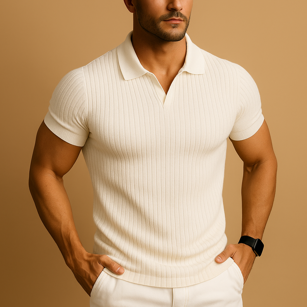 Niels – Slim fit poloshirt met V-hals en geribde boorden – Heren vrijetijdskleding