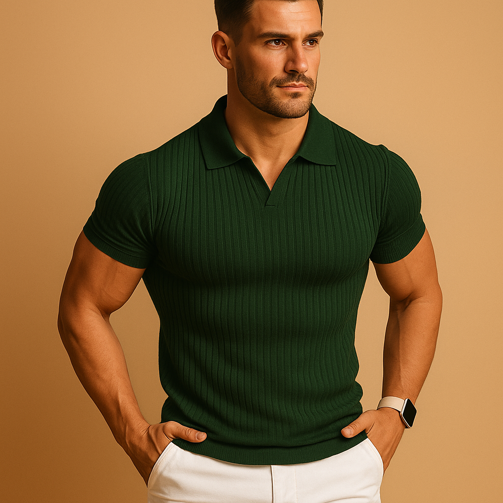 Niels – Slim fit poloshirt met V-hals en geribde boorden – Heren vrijetijdskleding