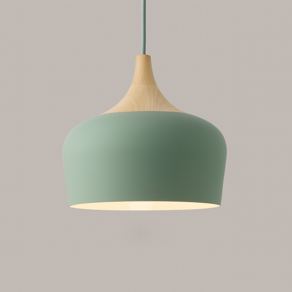 Pastelume – Retro pendant lamp with wood & pastel-colored metal shade