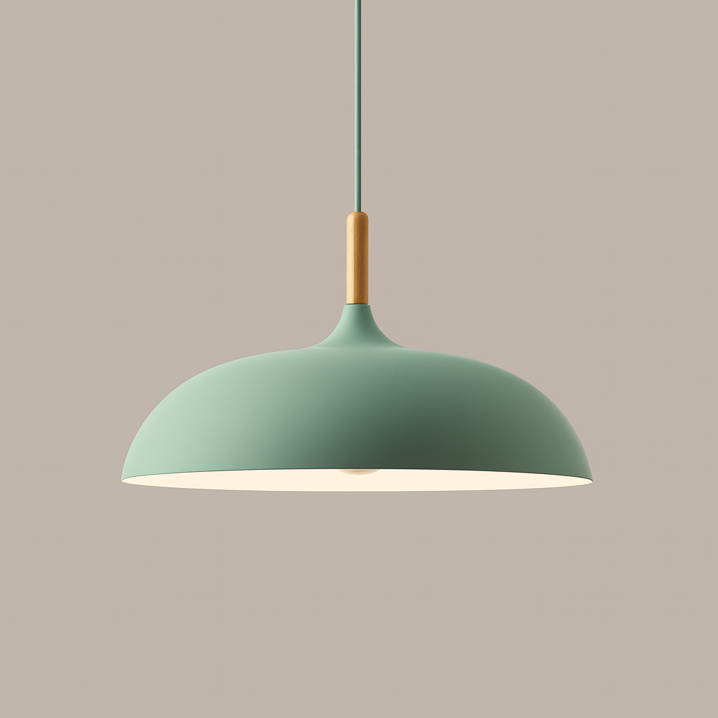 Pastelume – Retro pendant lamp with wood & pastel-colored metal shade