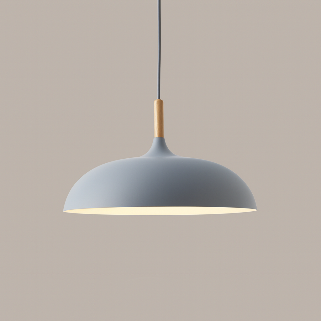 Pastelume – Retro pendant lamp with wood & pastel-colored metal shade
