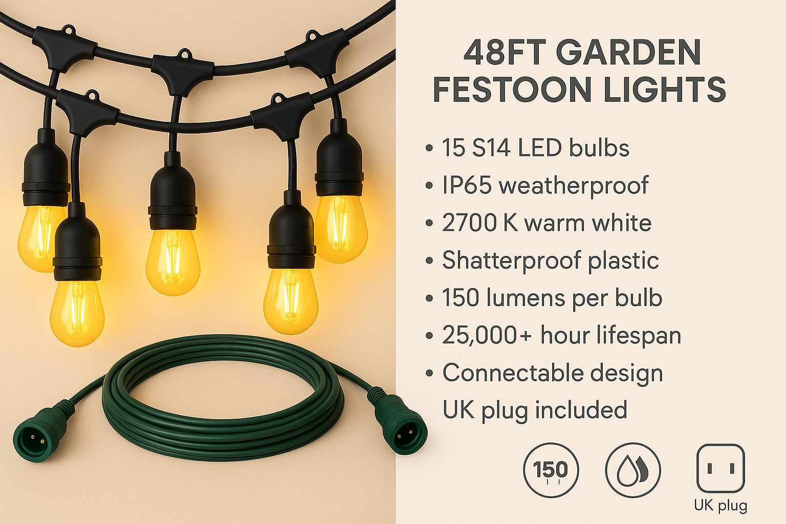 Festelio – Garden party lighting 48FT with 15 LED lamps – IP65 waterproof