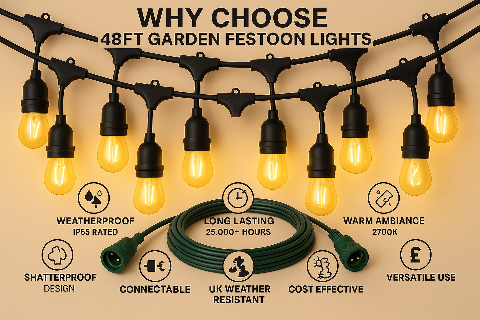Festelio – Garden party lighting 48FT with 15 LED lamps – IP65 waterproof