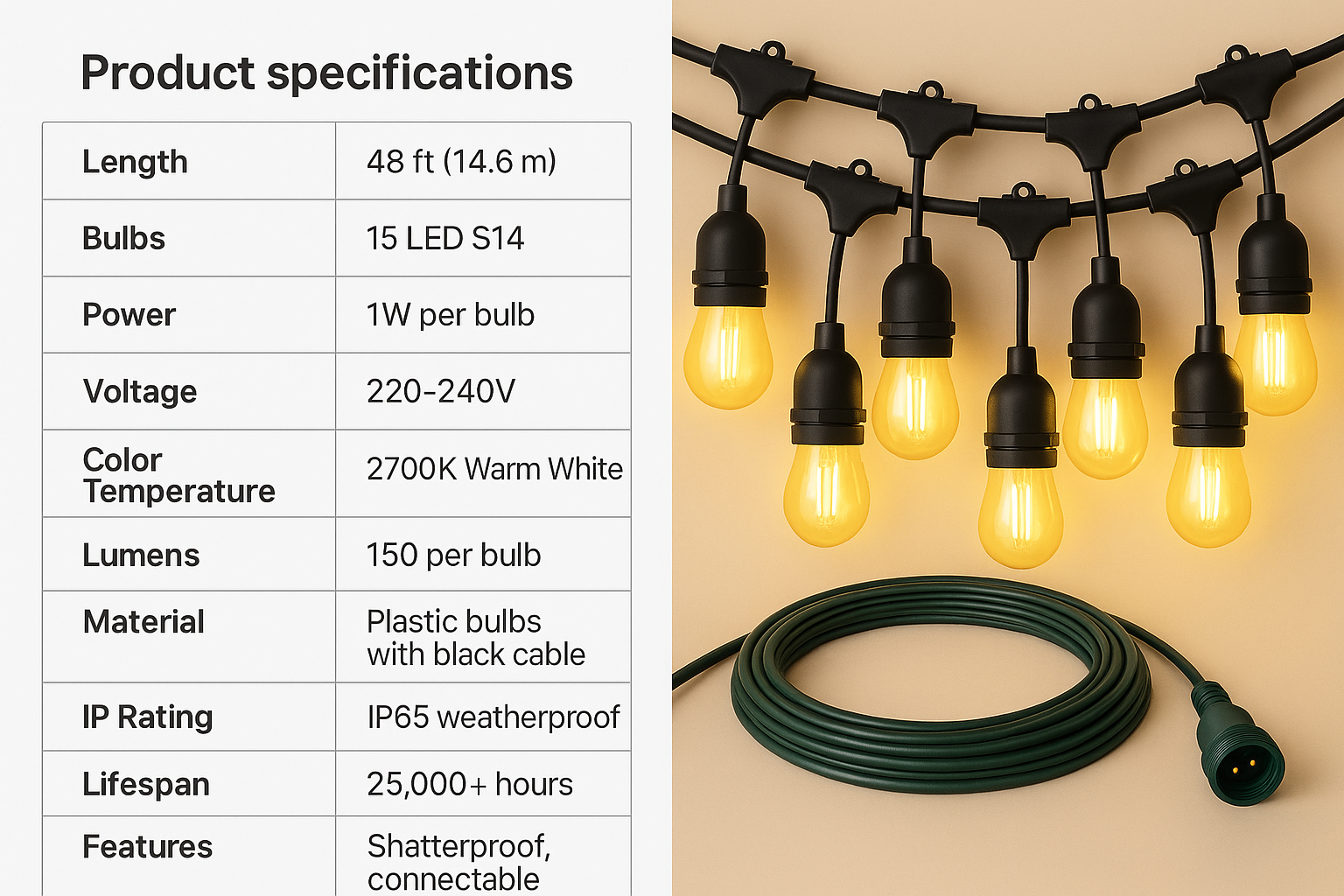 Festelio – Garden party lighting 48FT with 15 LED lamps – IP65 waterproof