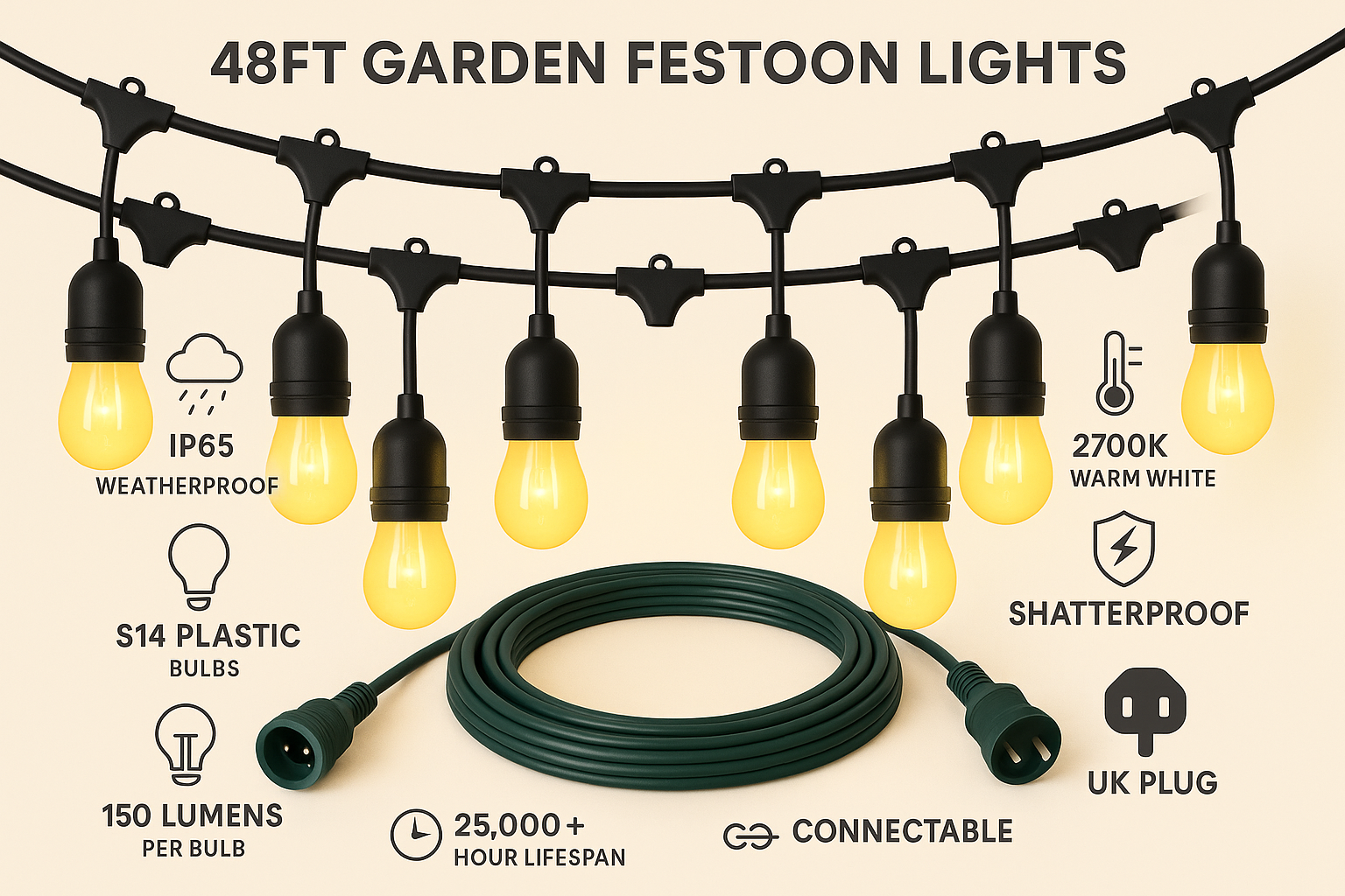 Festelio – Garden party lighting 48FT with 15 LED lamps – IP65 waterproof