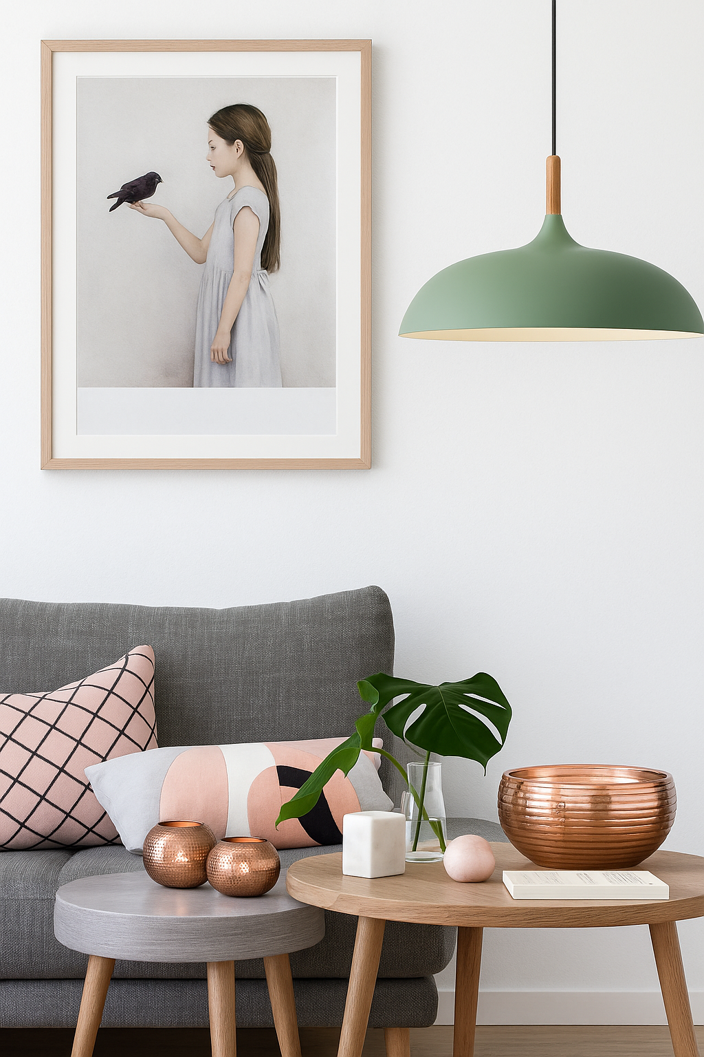 Pastelume – Retro pendant lamp with wood & pastel-colored metal shade