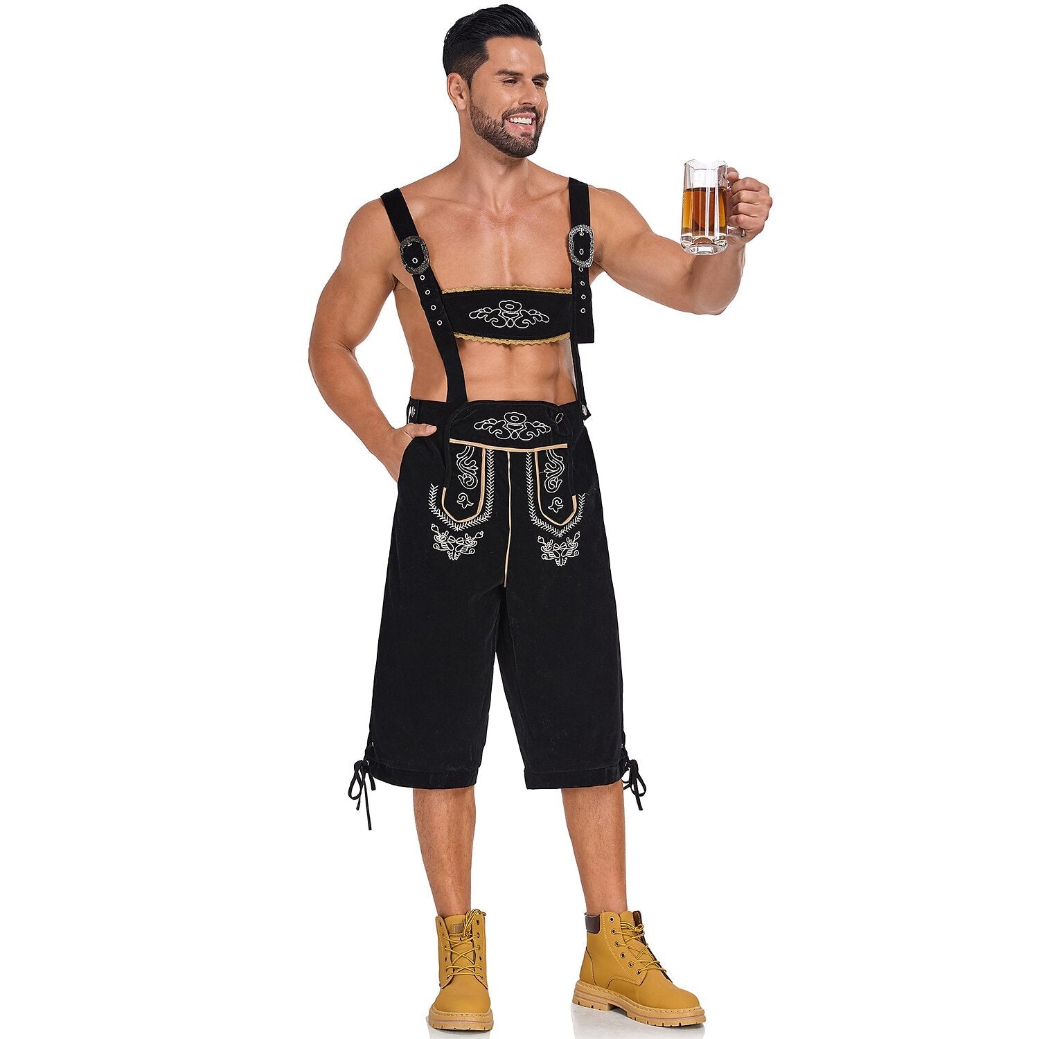 Bergkönig – Heren-Lederhose met Borduursel & Bretels – Oktoberfest Look
