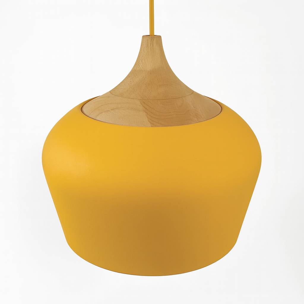 Pastelume – Retro pendant lamp with wood & pastel-colored metal shade