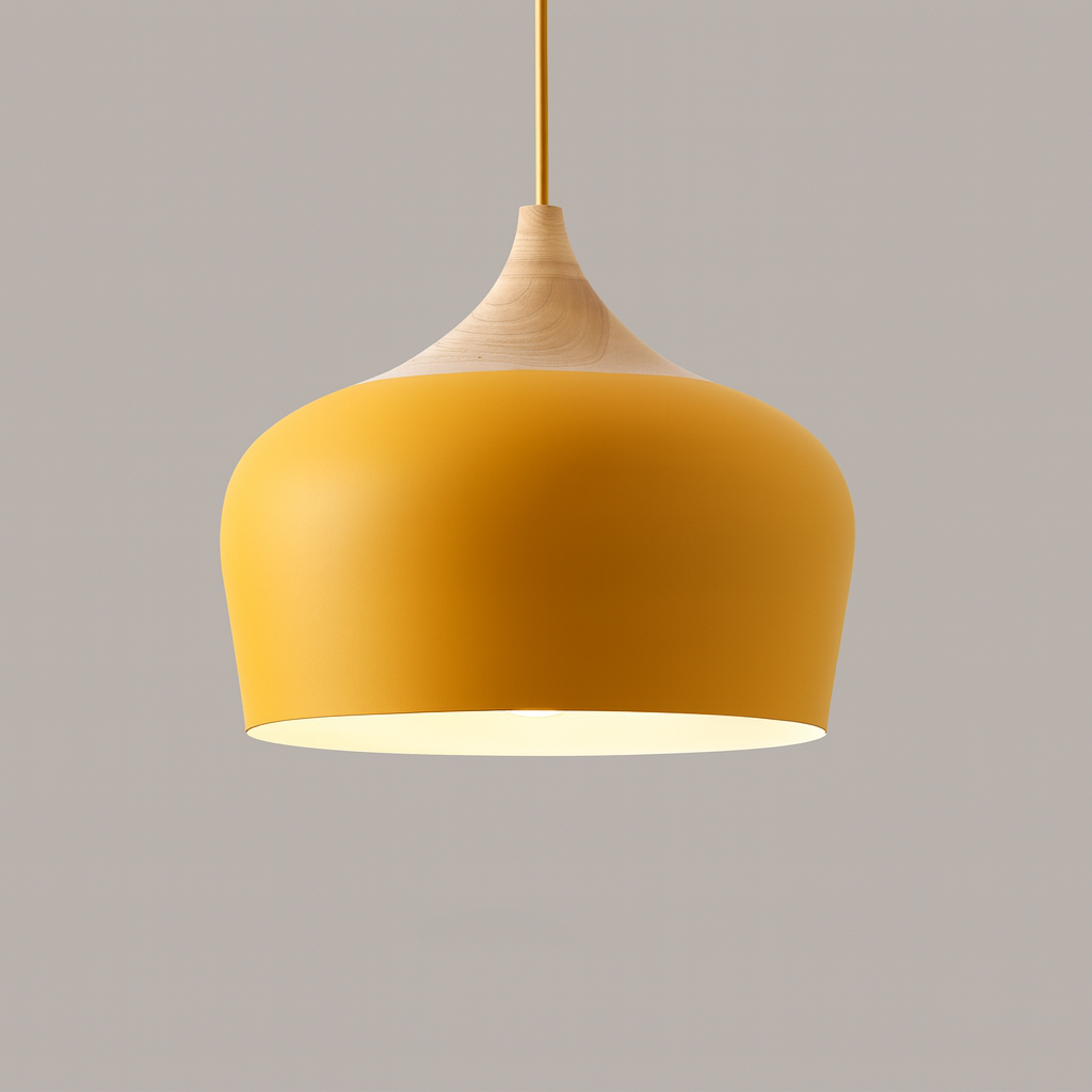 Pastelume – Retro pendant lamp with wood & pastel-colored metal shade
