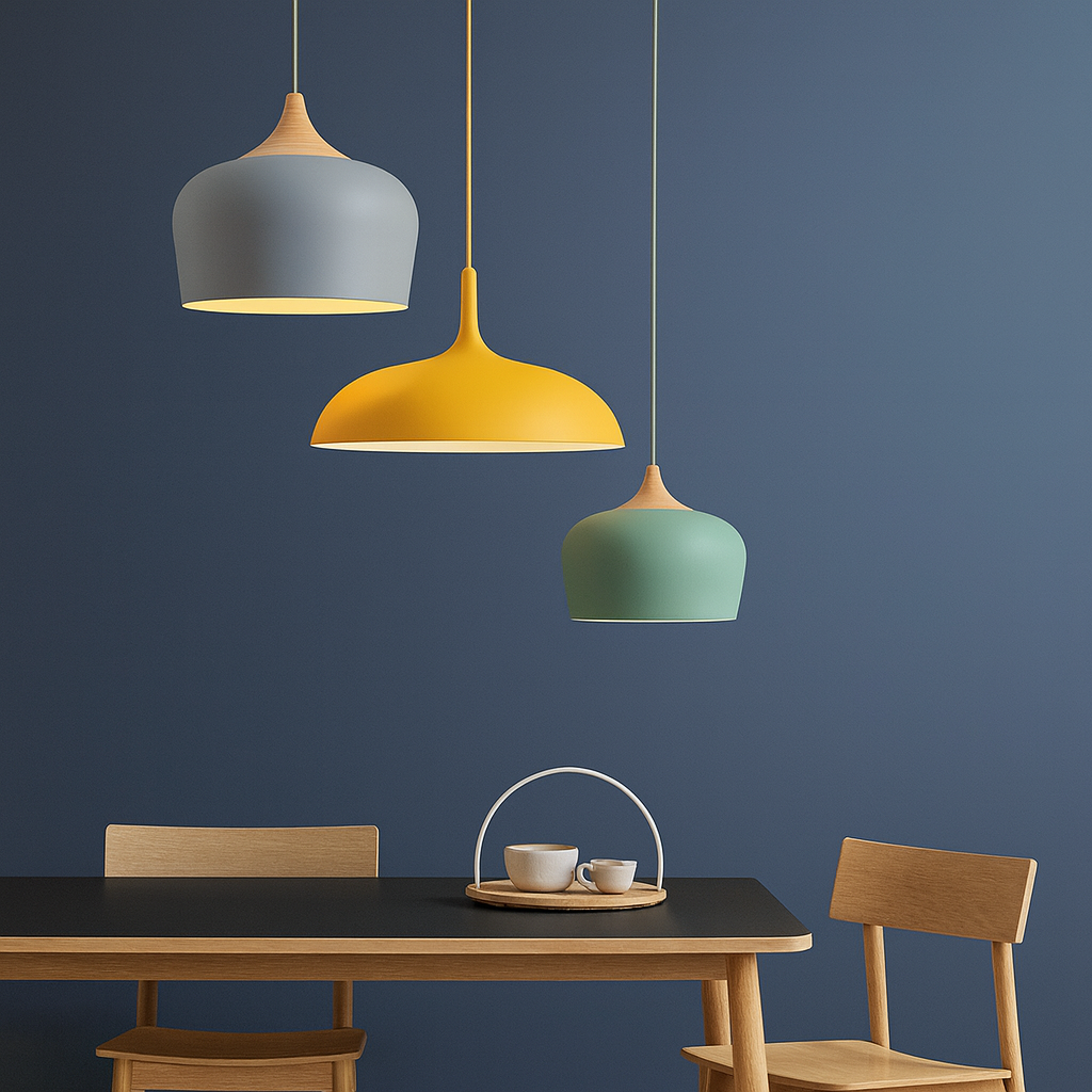 Pastelume – Retro pendant lamp with wood & pastel-colored metal shade