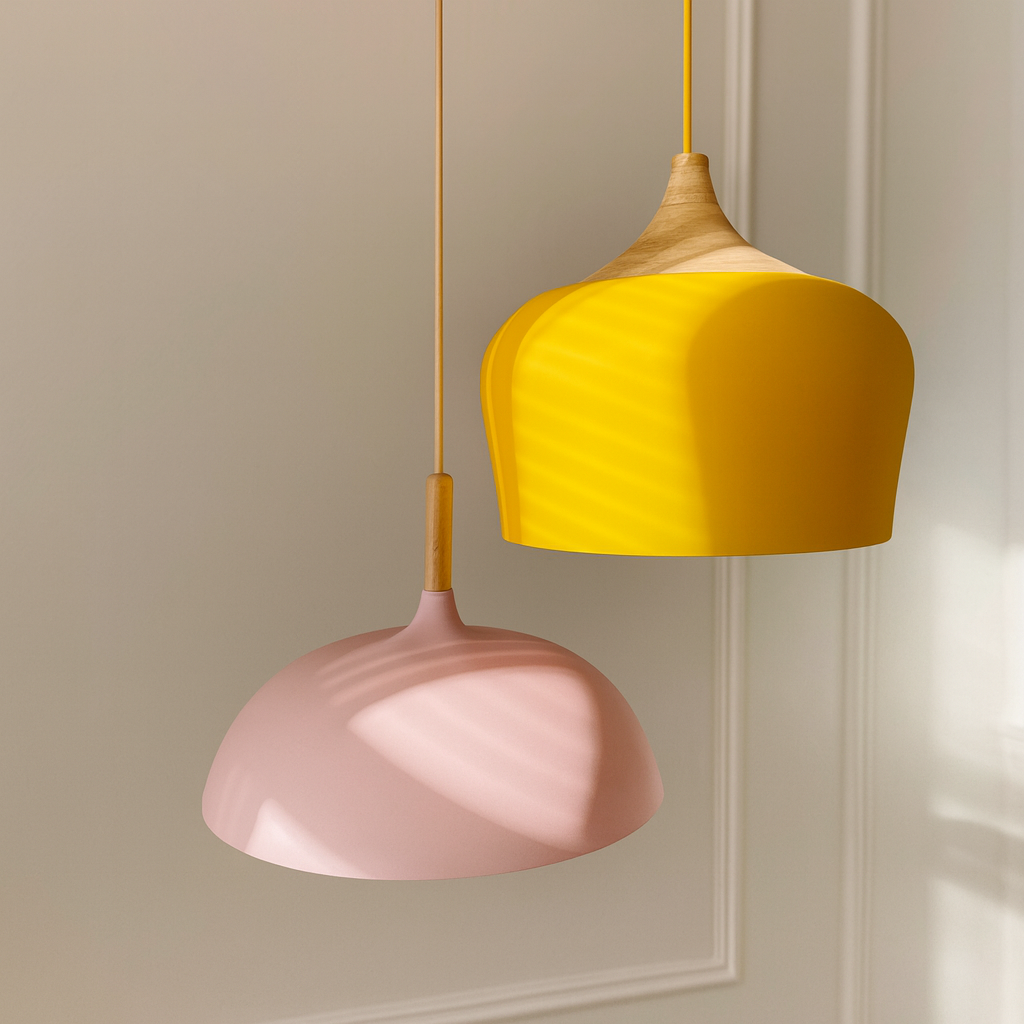 Pastelume – Retro pendant lamp with wood & pastel-colored metal shade