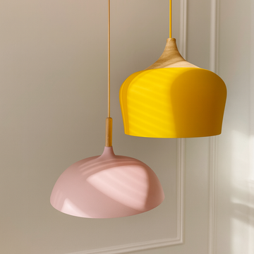 Pastelume – Retro pendant lamp with wood & pastel-colored metal shade