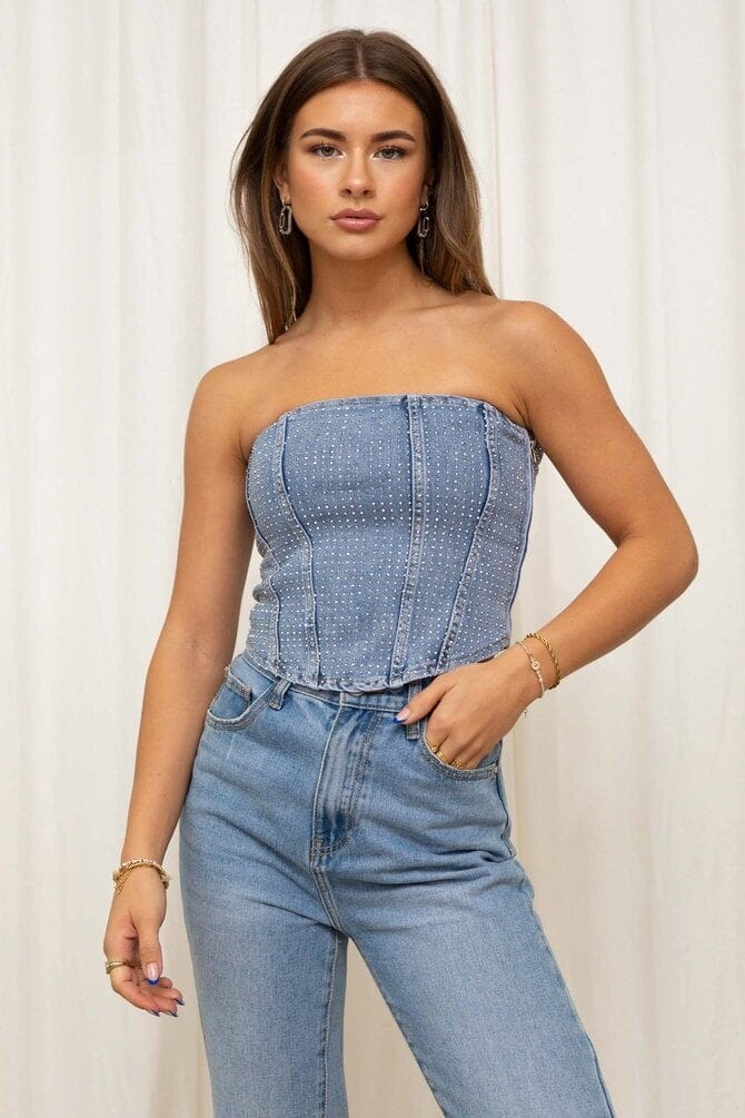 Melzano GlamLux Denim top con brillo