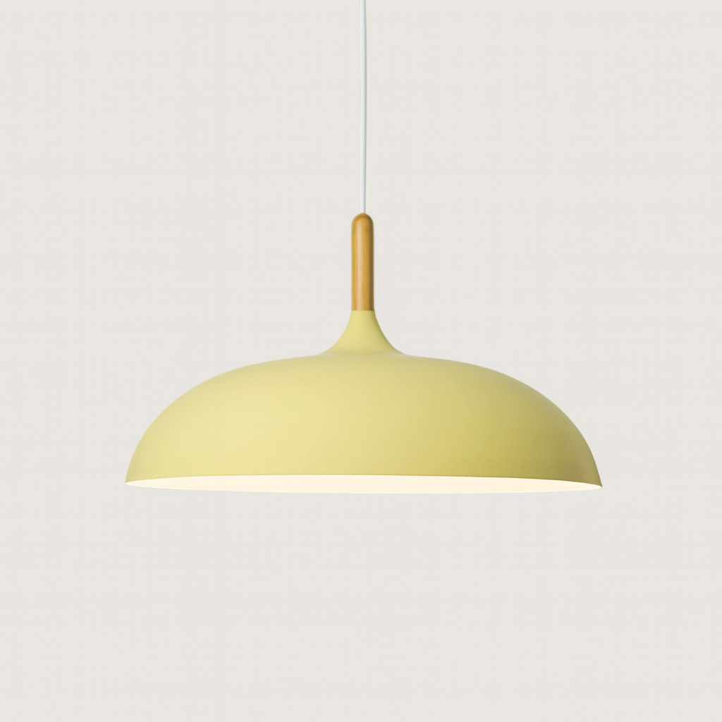 Pastelume – Retro pendant lamp with wood & pastel-colored metal shade