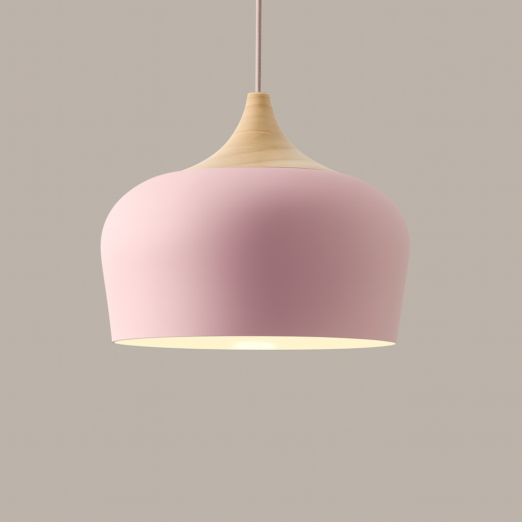 Pastelume – Retro pendant lamp with wood & pastel-colored metal shade