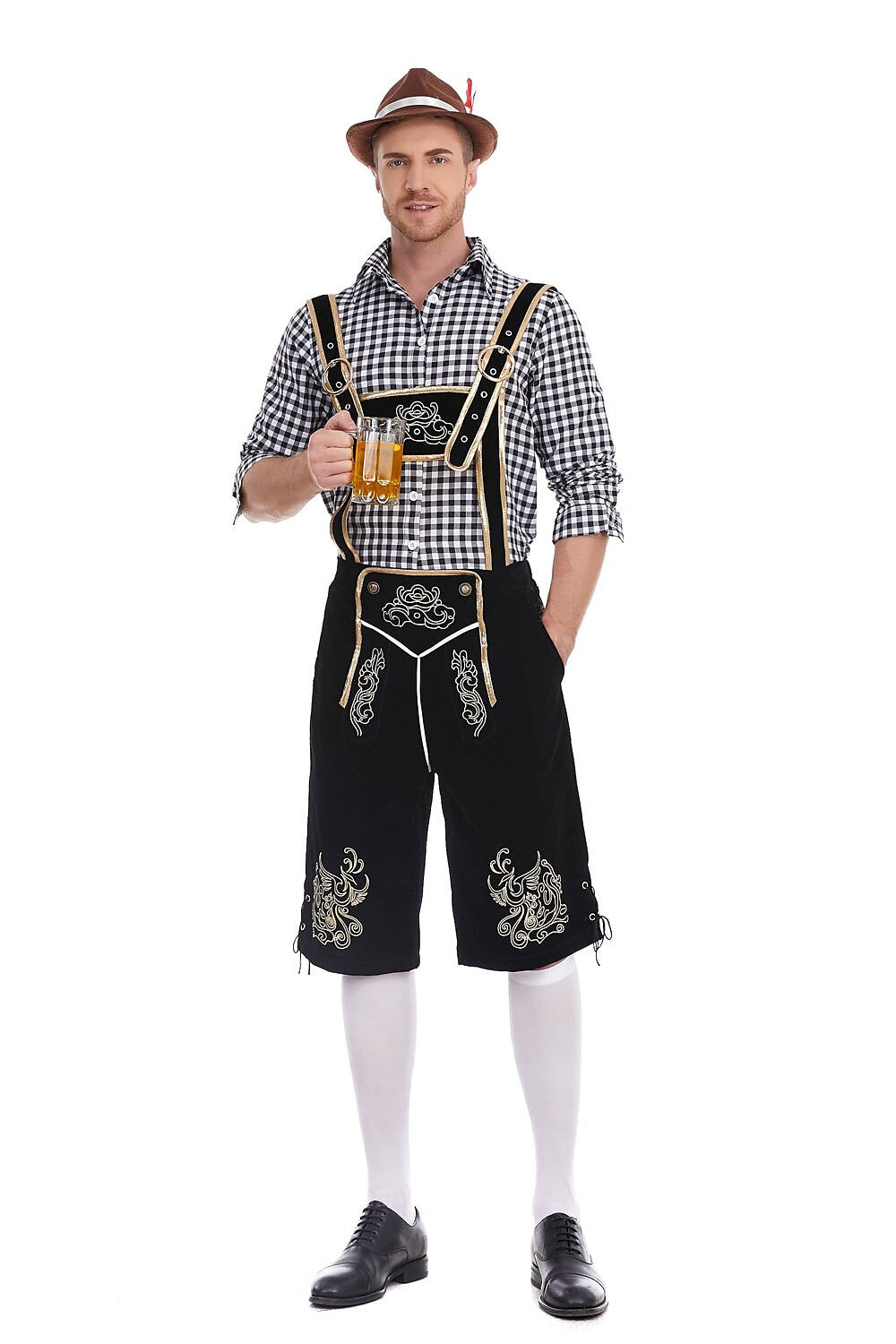 Heimatbursch – Conjunto de traje masculino con Lederhose bordado y camisa a cuadros