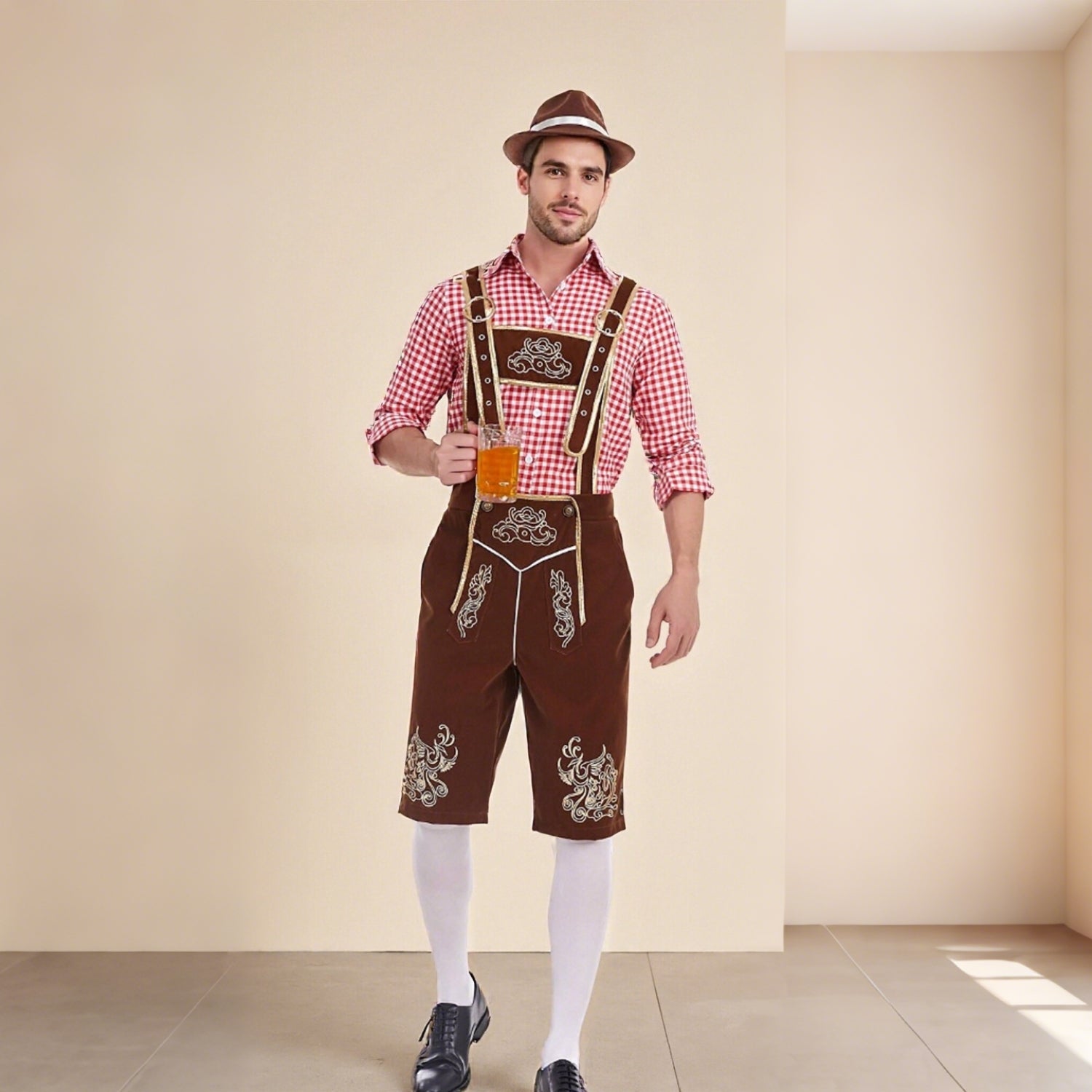 Heimatbursch – Conjunto de traje masculino con Lederhose bordado y camisa a cuadros