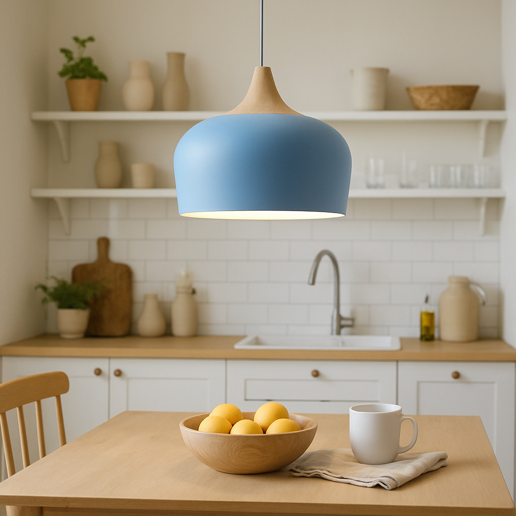 Pastelume – Retro pendant lamp with wood & pastel-colored metal shade