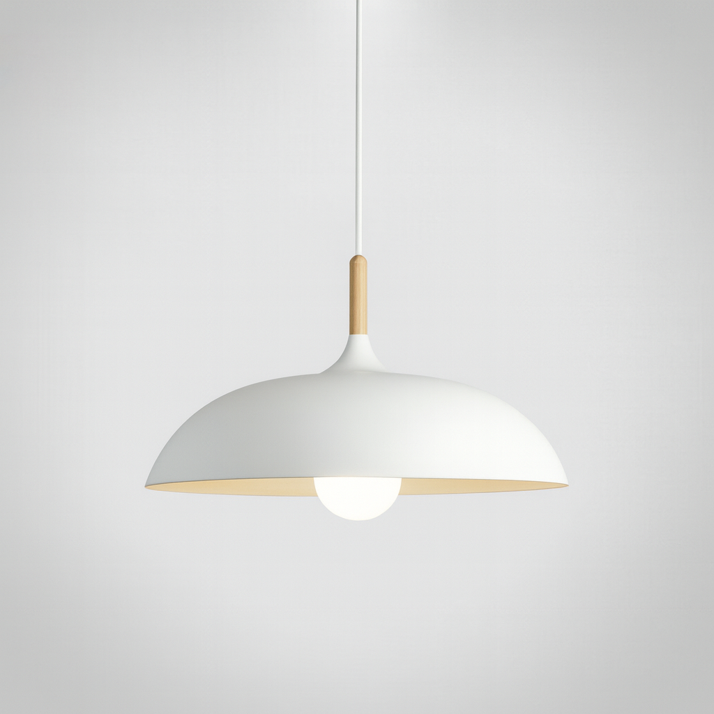 Pastelume – Retro pendant lamp with wood & pastel-colored metal shade